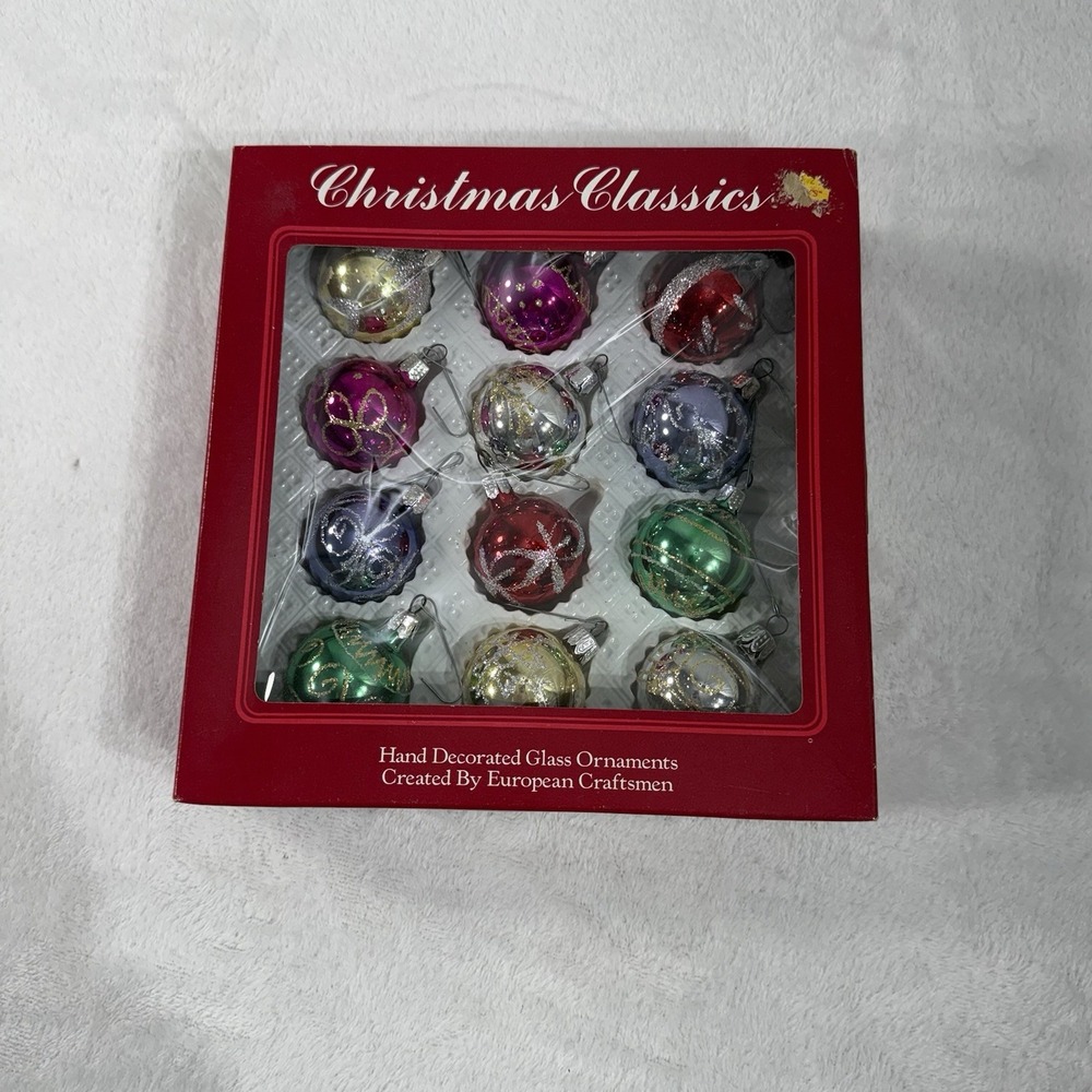 Christmas Hand Decorated Glass Ornaments Vintage Set Of 12  Romania
